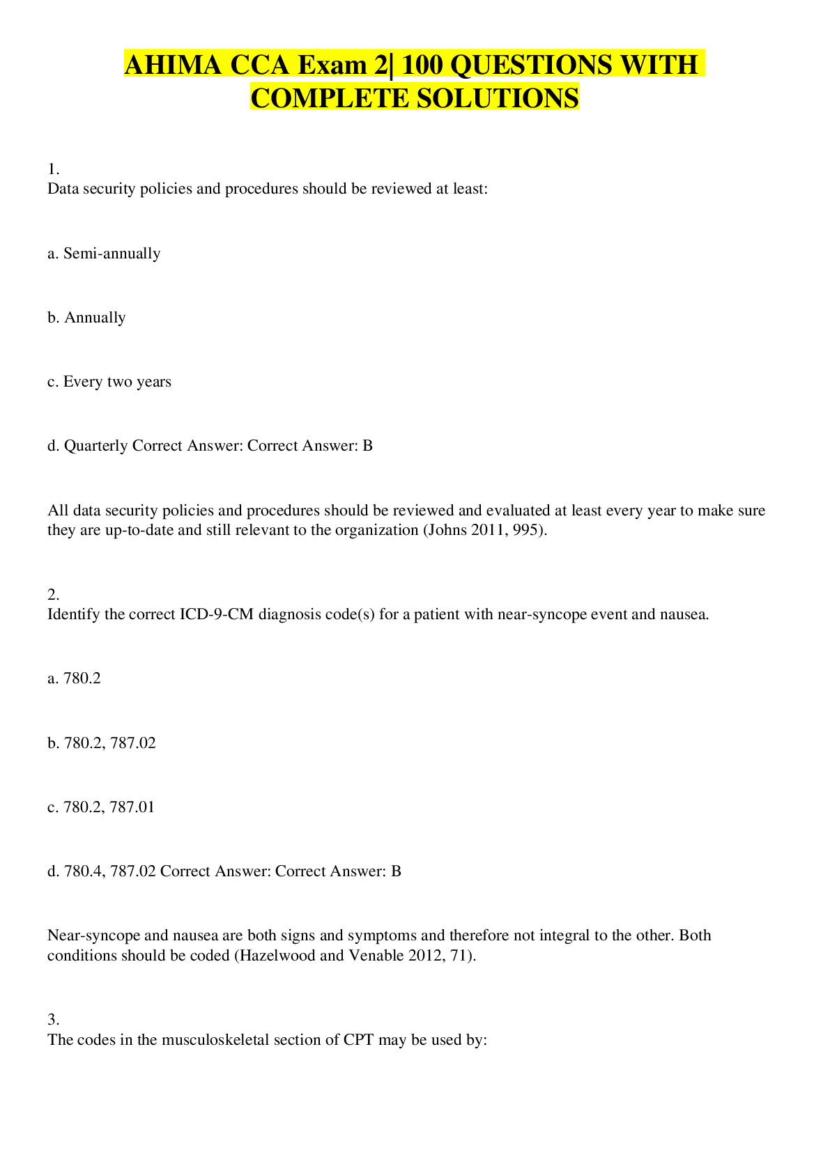 Preview image for AHIMA CCA Exam 2| 100 QUESTIONS WITH COMPLETE SOLUTIONS